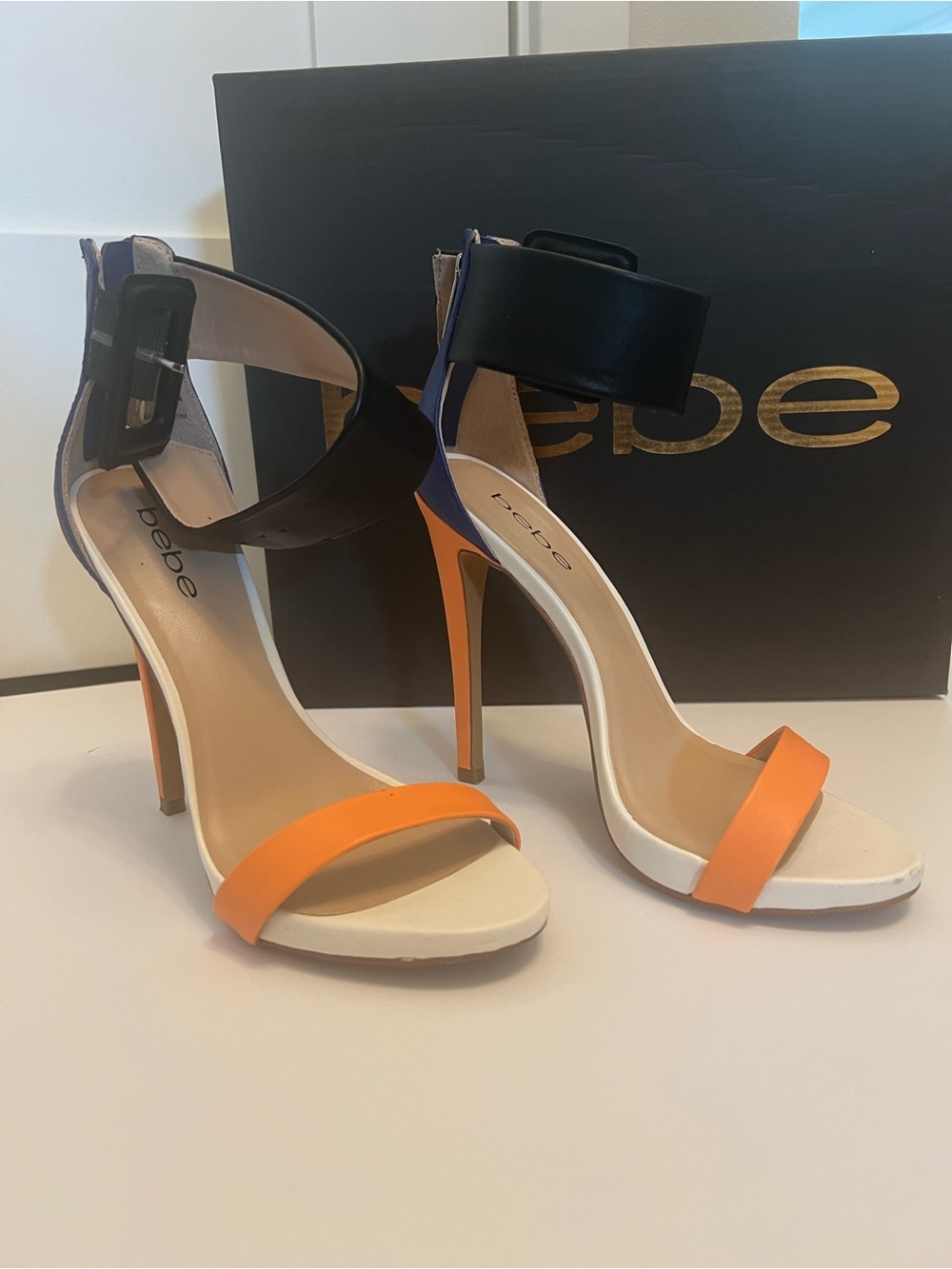 bebe Orange, Black and White Colorblock Stiletto Heels